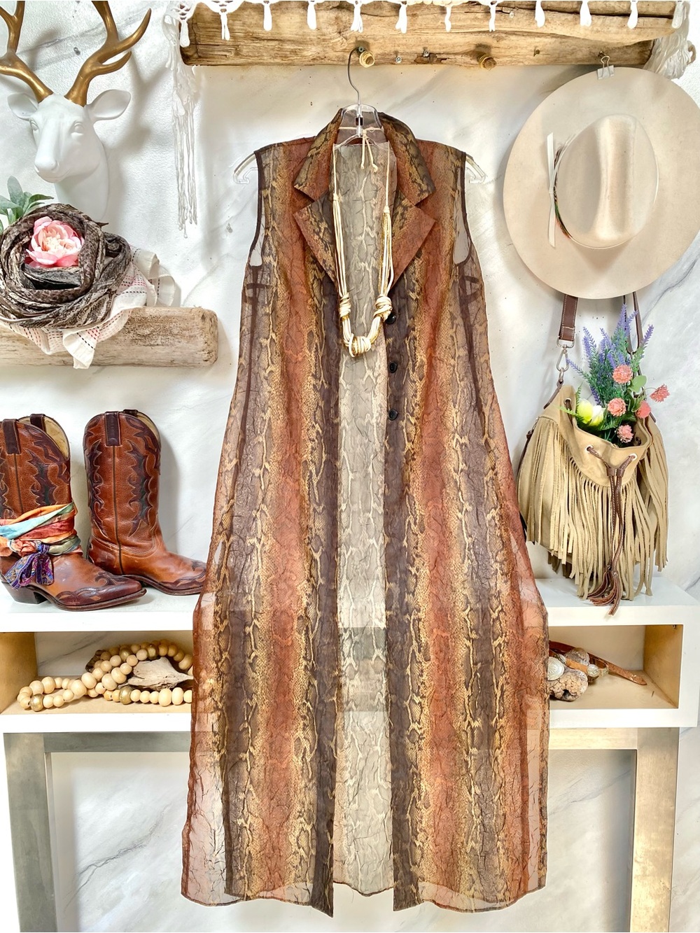 Sheer Snake-Print animal print Long duster Vest
Cover up resort vacay chic vibe